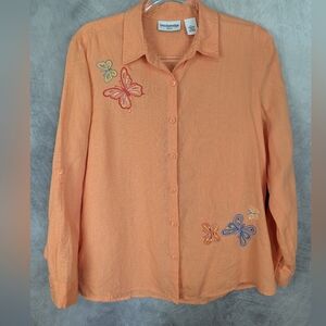 Breckenridge Petite Large 100% Linen Button Down With Butterfly Embroidery